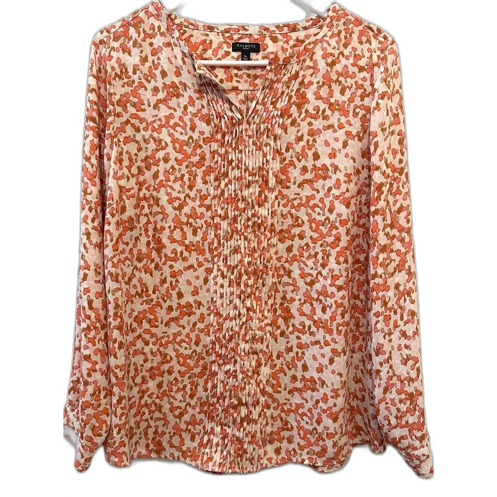 Talbots Petite Medium Floral Pintuck Blouse Orange Cream Long Sleeve